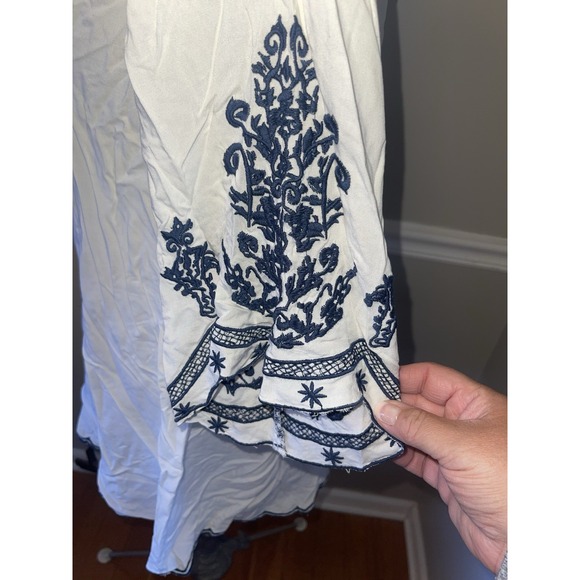 Chic Connection Boho Embroidered White Navy Dress Womens Sz S - Picture 3 of 5